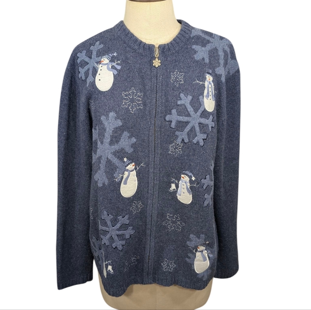 Croft & Barrow Embroidered Winter Snowmen & Snowflakes Zip Sweater Jacket. XL